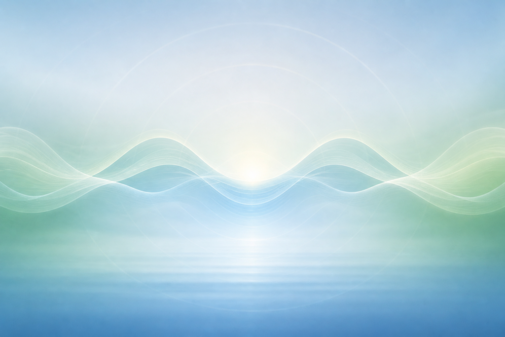 abstract nervous system calming concept, soft sound waves fading into gentle blue and green gradients, subtle breathing rhythm visual, minimalist, no text