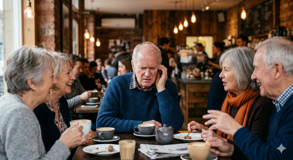 An older gentleman sitting with friends in a café, but struggling to hear them because of tinnitus.