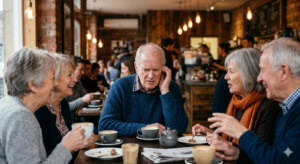 An older gentleman sitting with friends in a café, but struggling to hear them because of tinnitus.