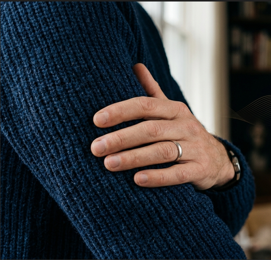 Hand resting on a textured sweater sleeve during the clothing-sensation exercise
